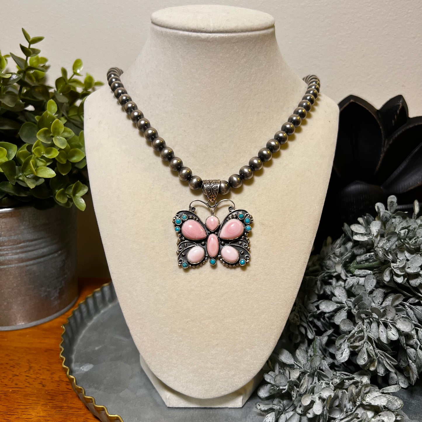 Sterling Silver Queen Conch & Kingman Turquoise Butterfly Pendant