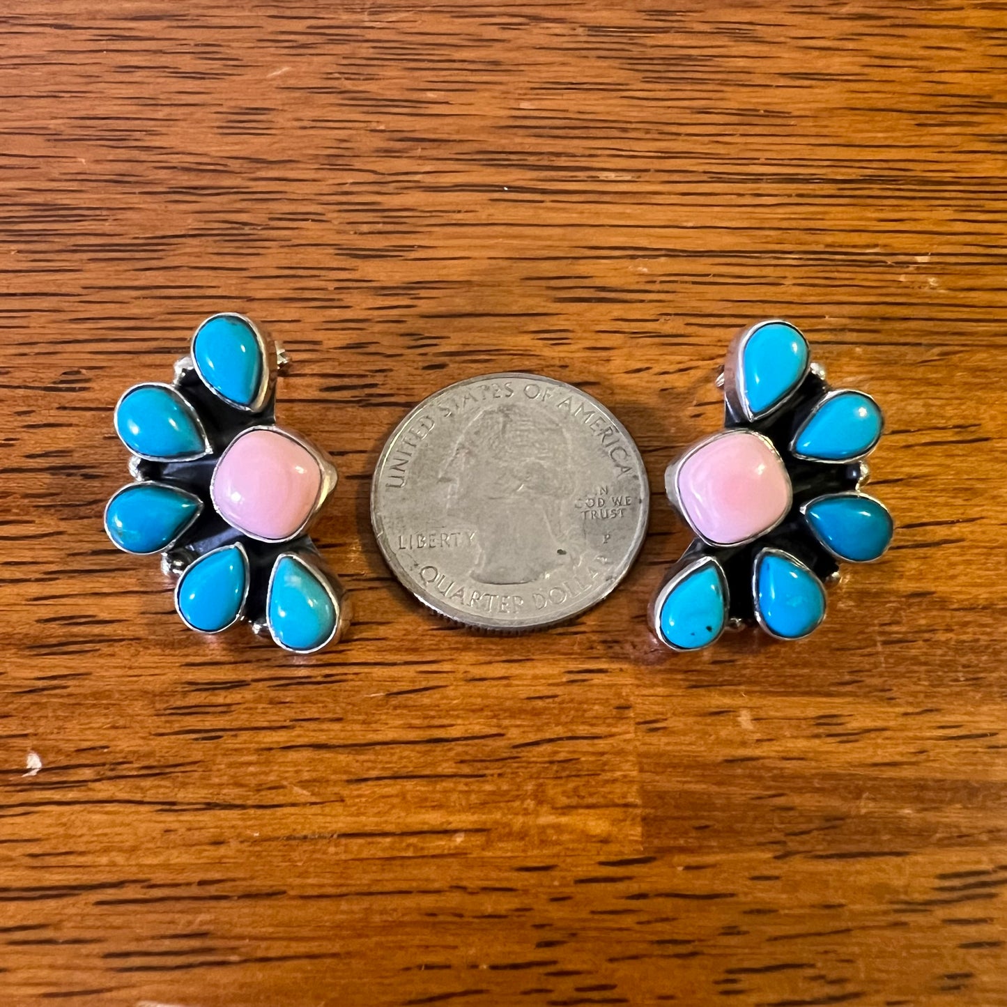 Pink Conch & Kingman Turquoise Cluster Sterling Silver Earrings