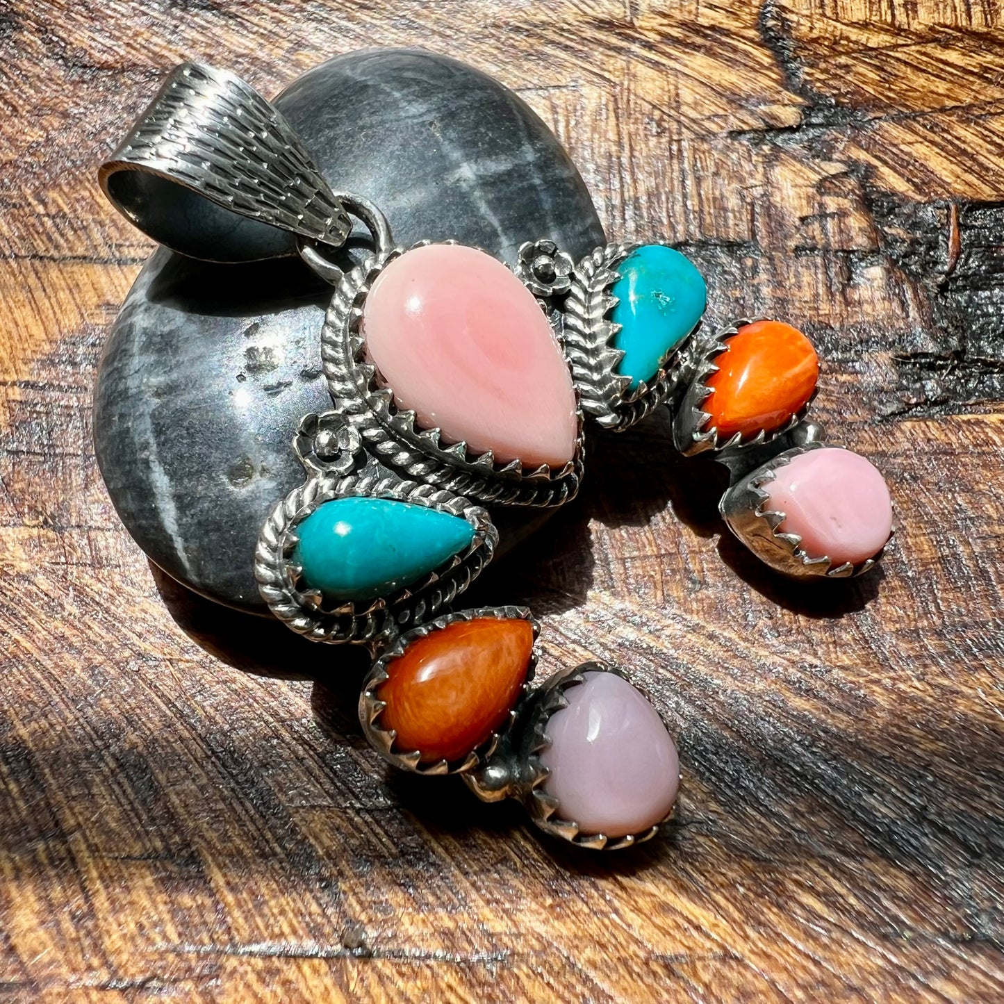 Queen Conch, Kingman Turquoise & Spiny Oyster Naja Sterling Silver Pendant