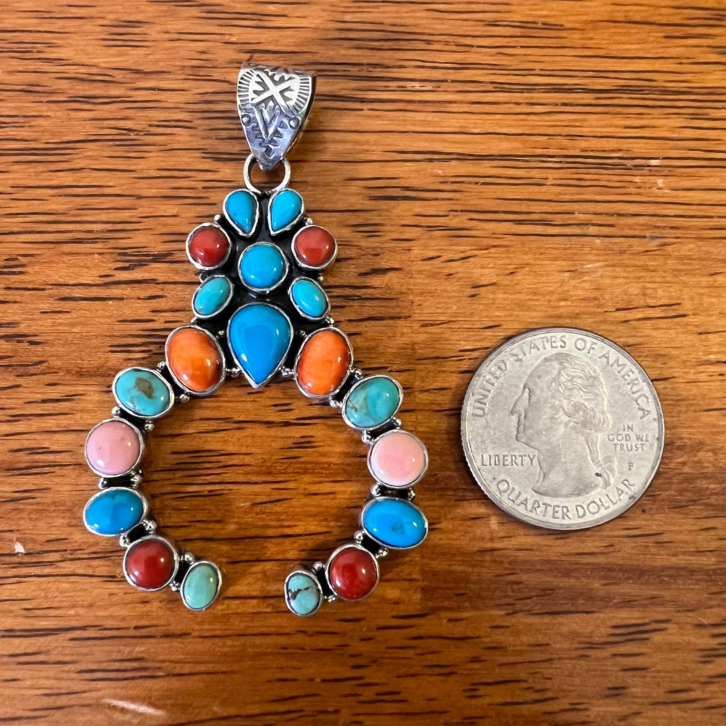 Multi Stone Naja Pendant – Kingman Turquoise, Coral & Conch – Sterling Silver