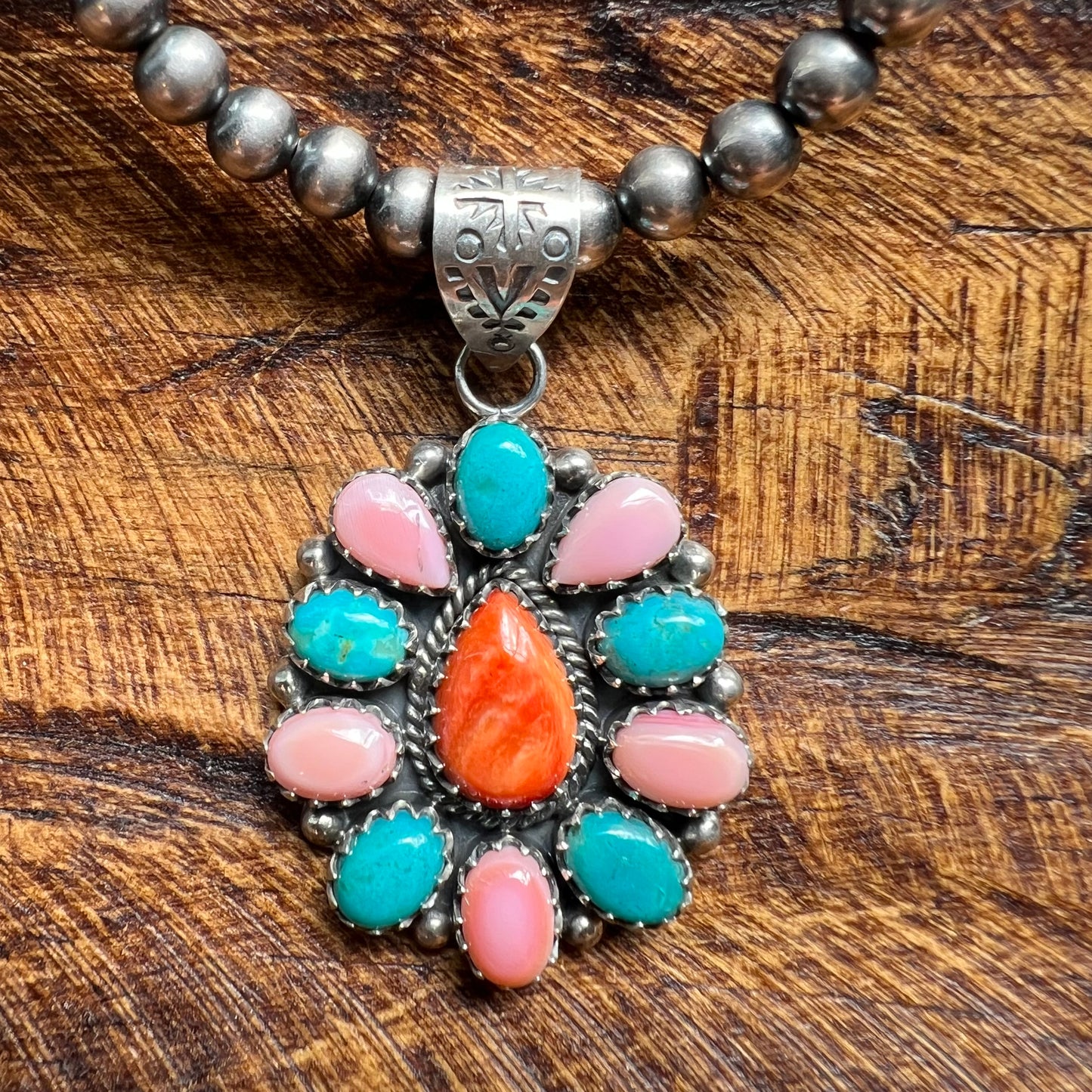 Sterling Kingman Turquoise Queen Conch Spiny Oyster Cluster Pendant