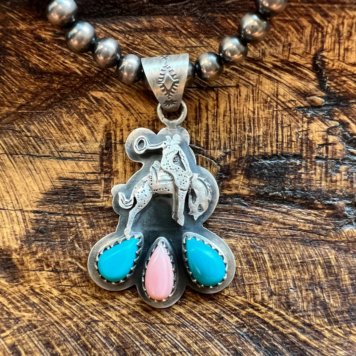 Sterling Silver Kingman Turquoise Queen Conch Bucking Bronco Pendant