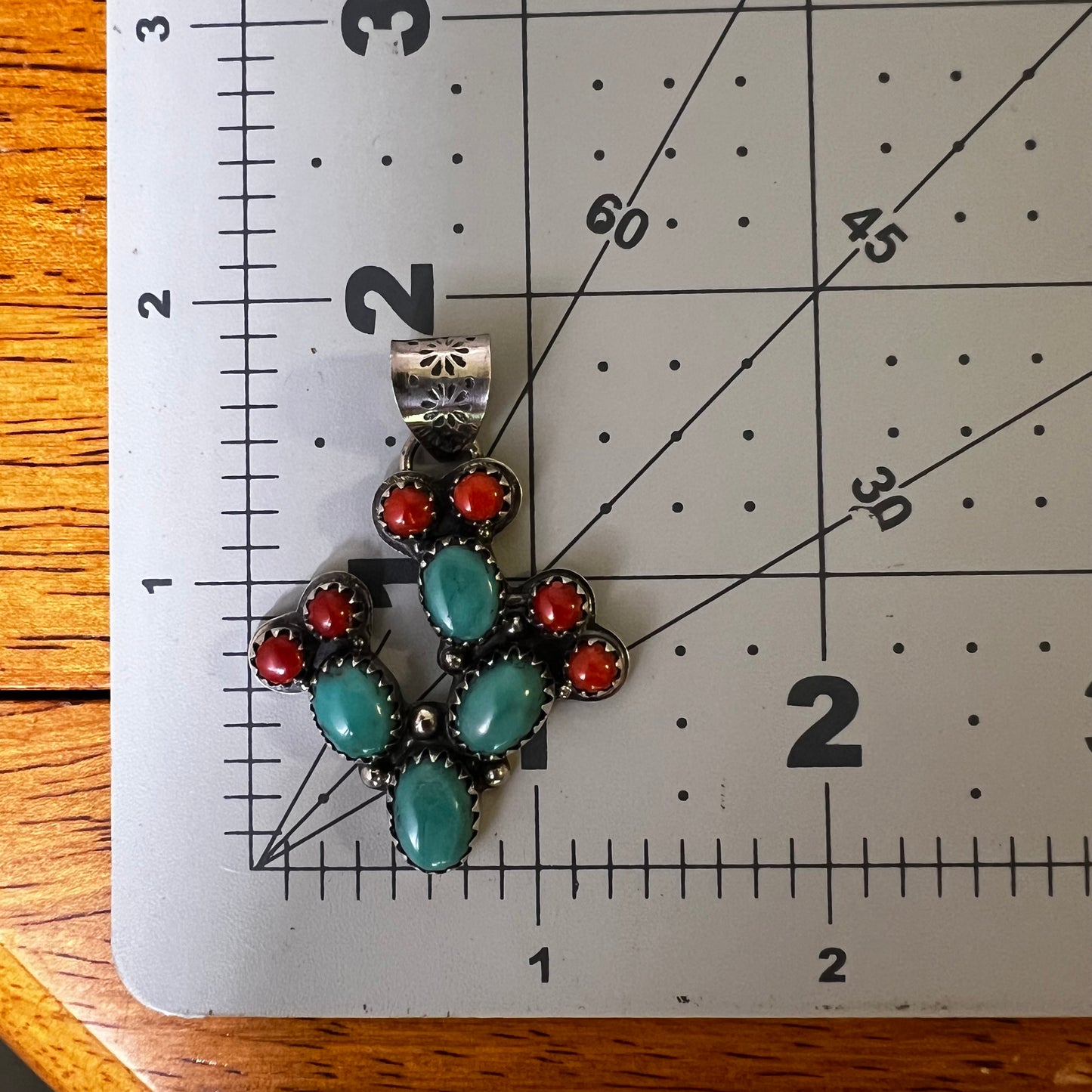 Kingman Turquoise & Coral Cactus Sterling Silver Pendant