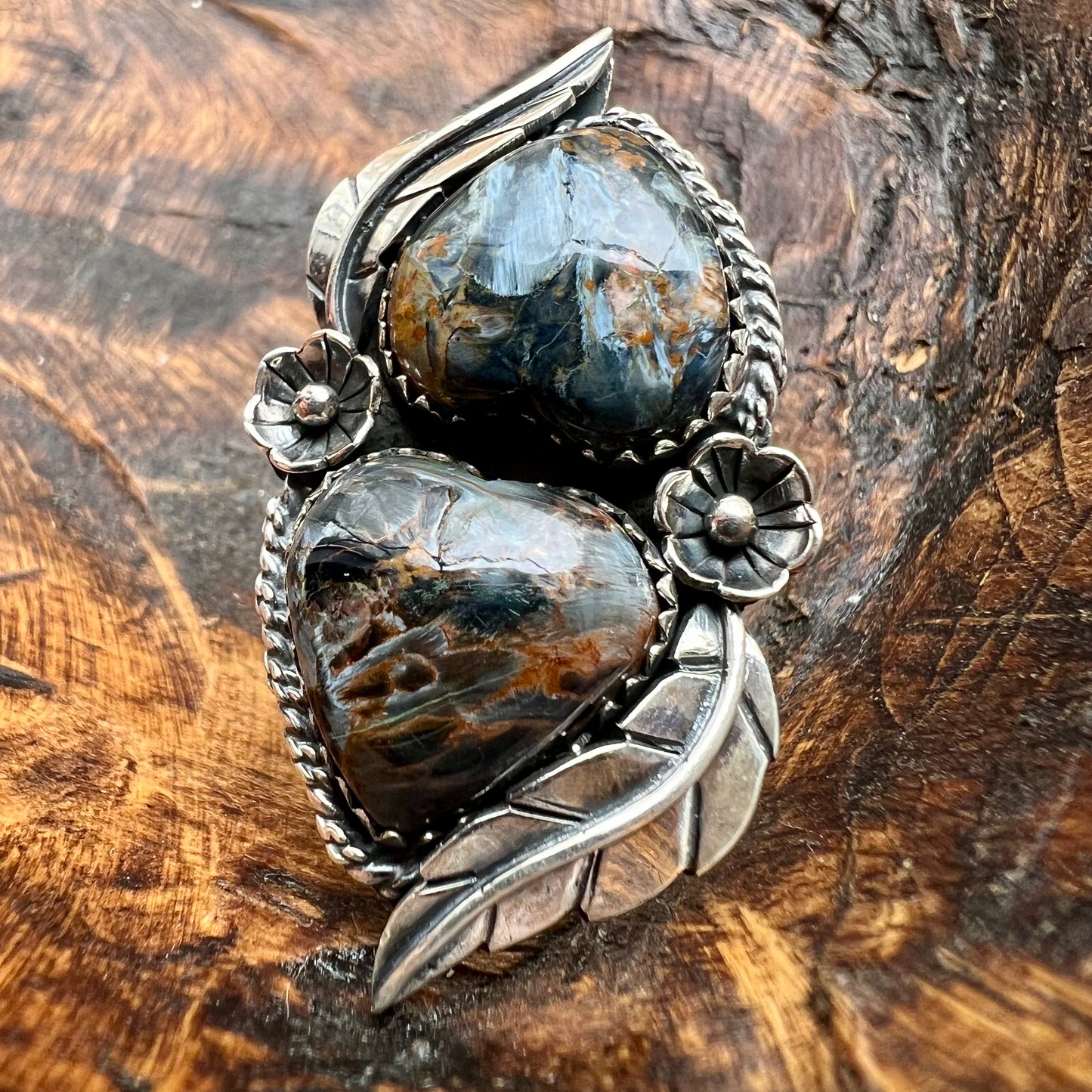 Sterling Silver Pietersite Double Heart Statement Ring – Feather & Floral Design, Size 10