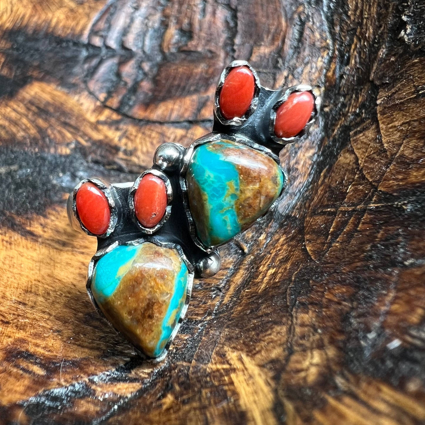 Sterling Royston Turquoise Red Coral Cactus Ring Adjustable Size 8