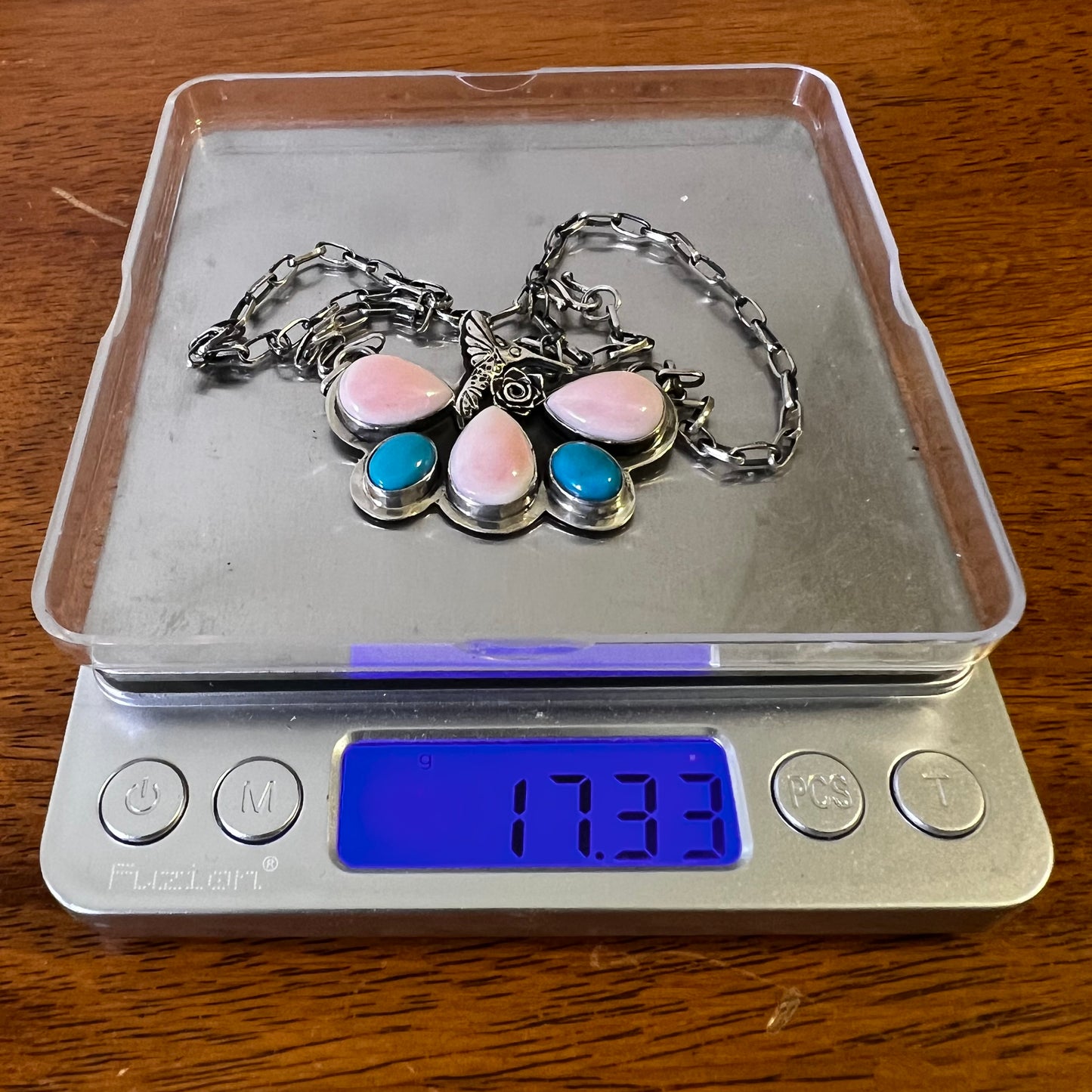Pink Conch, Turquoise & Sterling Silver Hummingbird Necklace