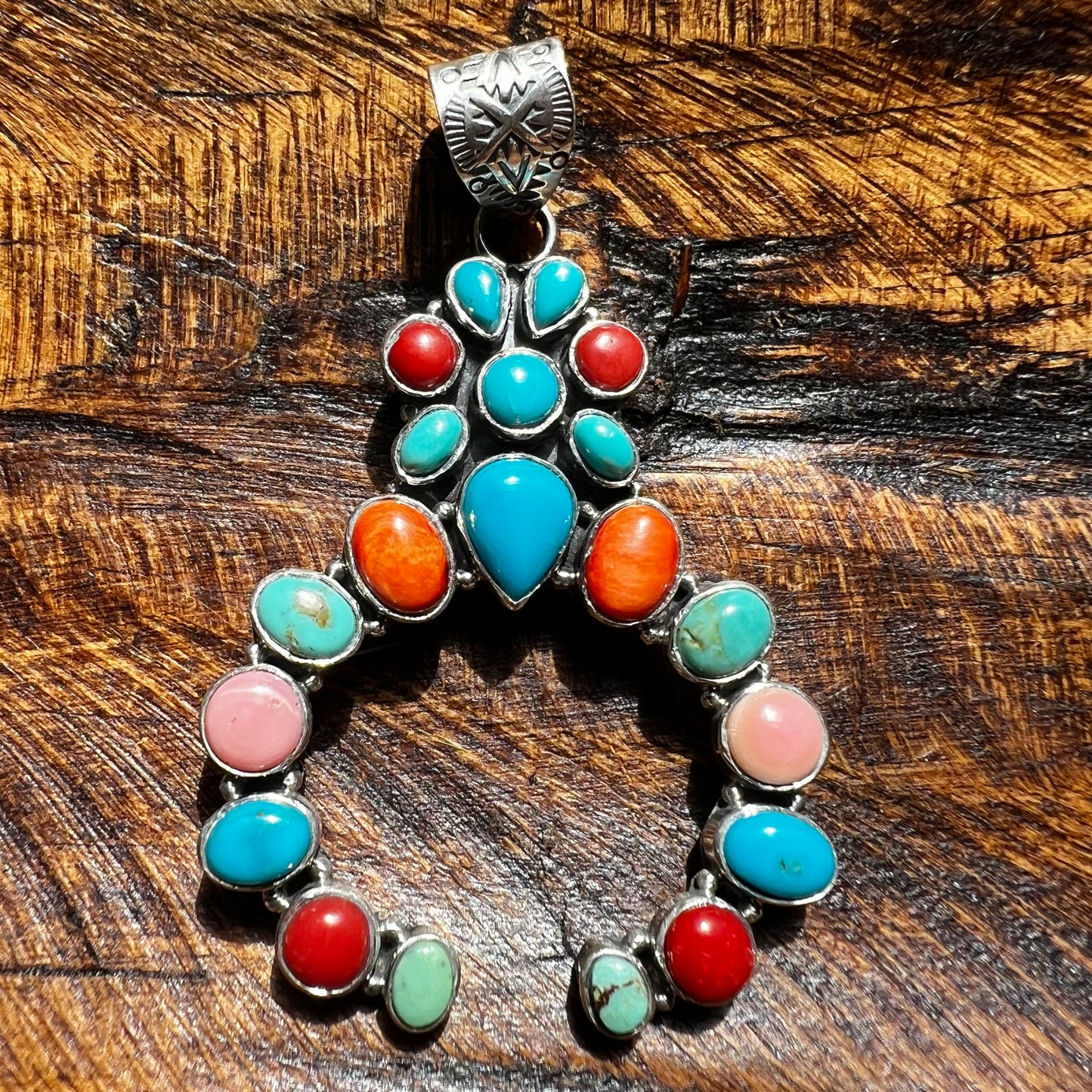Multi Stone Naja Pendant – Kingman Turquoise, Coral & Conch – Sterling Silver