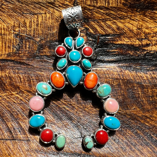 Multi Stone Naja Pendant – Kingman Turquoise, Coral & Conch – Sterling Silver