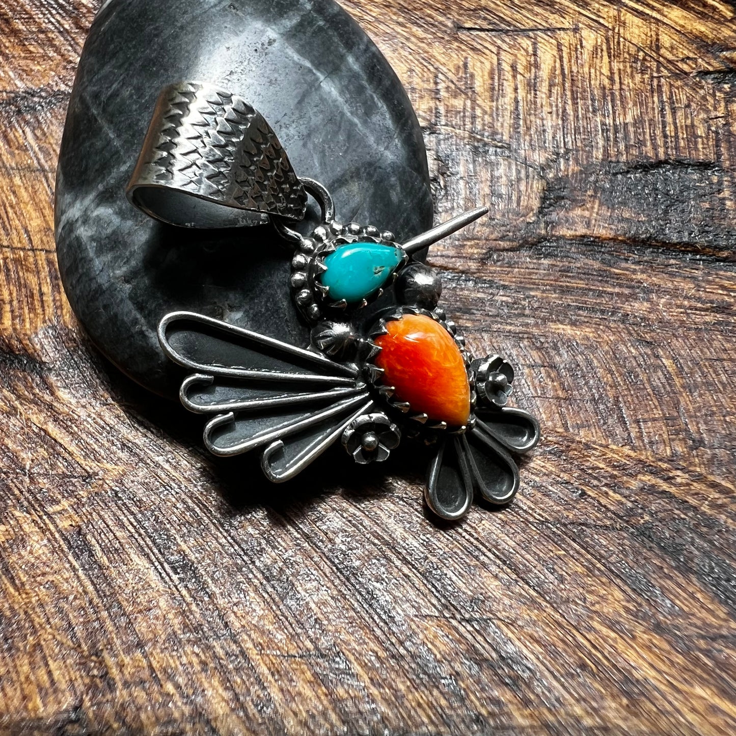 Turquoise & Spiny Oyster Hummingbird Sterling Silver Pendant