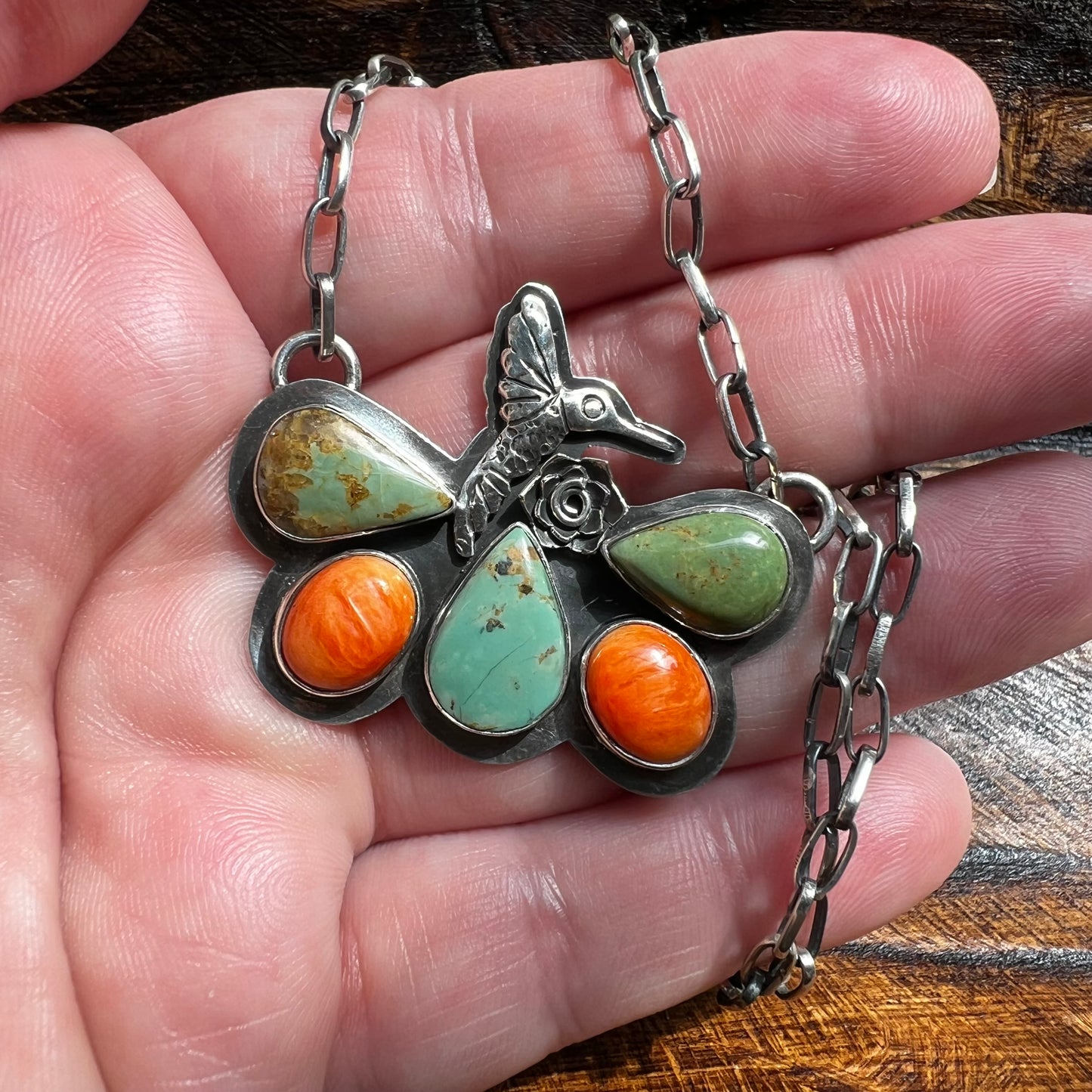 Sterling Silver Kingman Turquoise & Spiny Oyster Butterfly Hummingbird Necklace