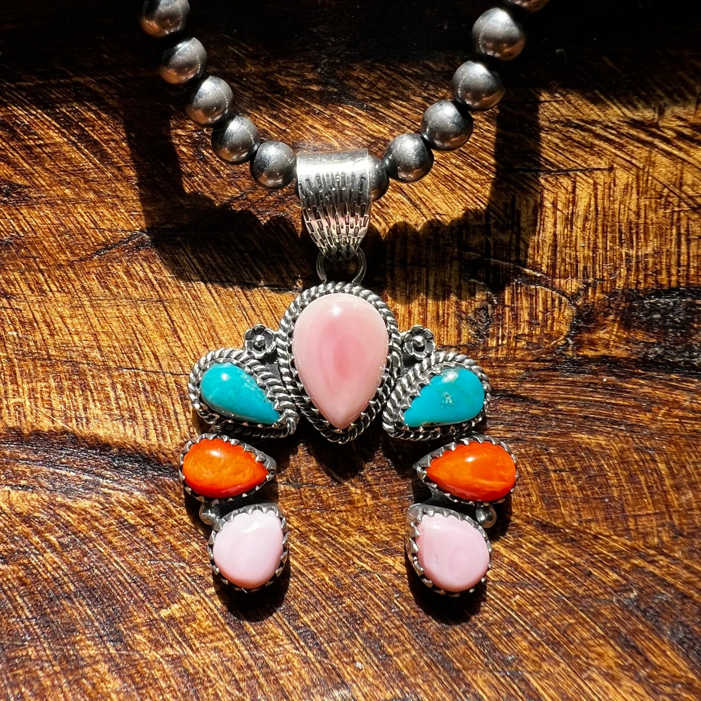 Queen Conch, Kingman Turquoise & Spiny Oyster Naja Sterling Silver Pendant