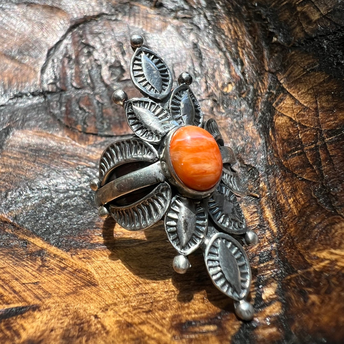 925 Sterling Silver Spiny Oyster Statement Ring Handmade Floral Size 9