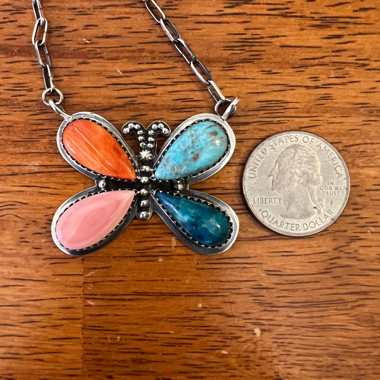 Multistone Butterfly Necklace – Kingman Turquoise, Spiny Oyster & Pink Conch Sterling Silver