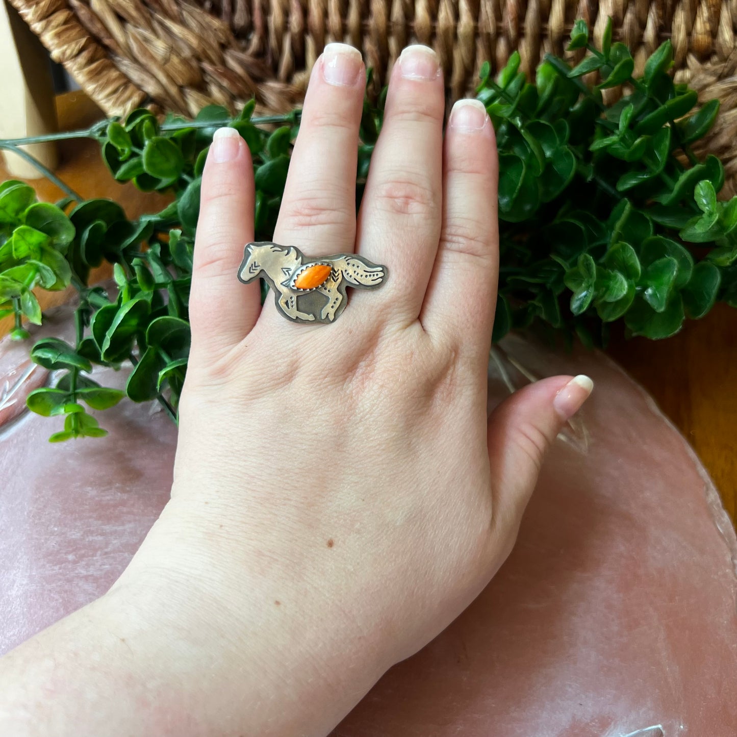 Sterling Silver Spiny Oyster Running Horse Ring Size 8 Adjustable