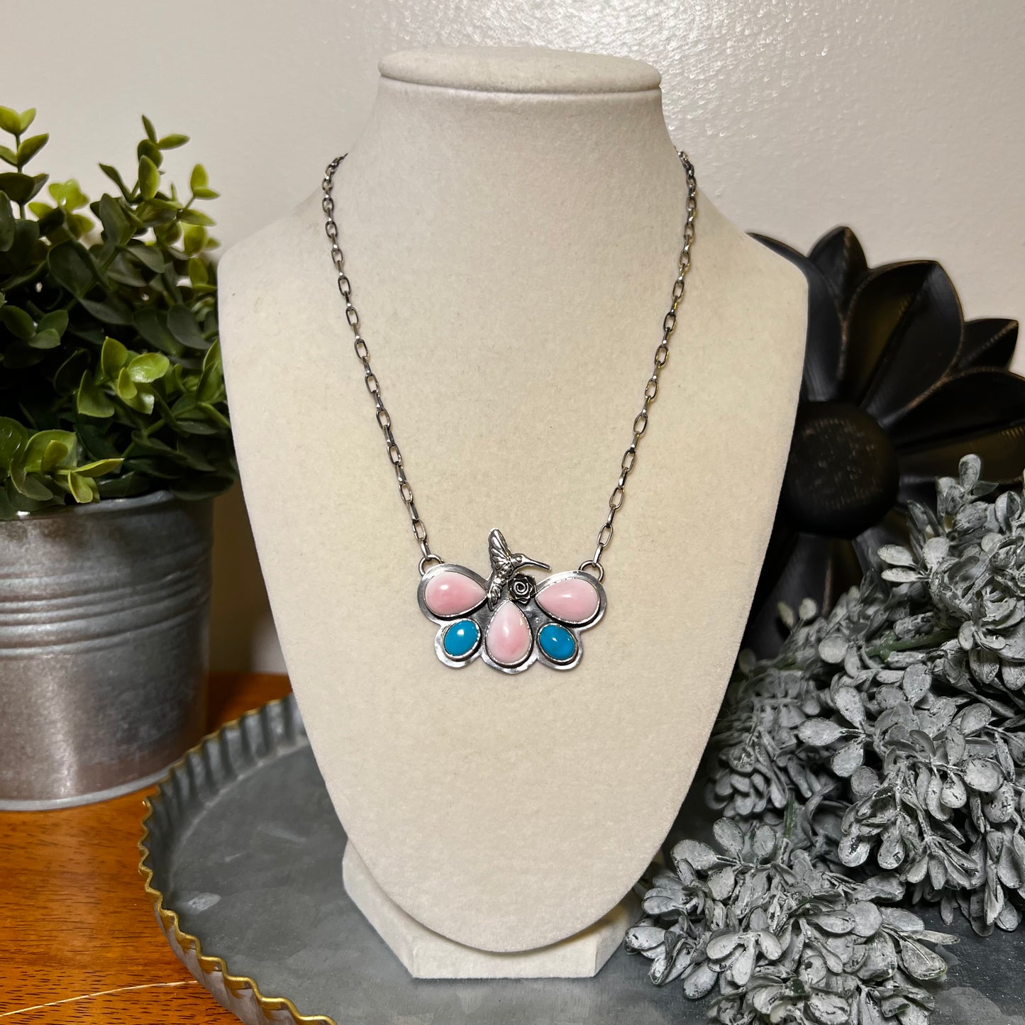 Pink Conch, Turquoise & Sterling Silver Hummingbird Necklace