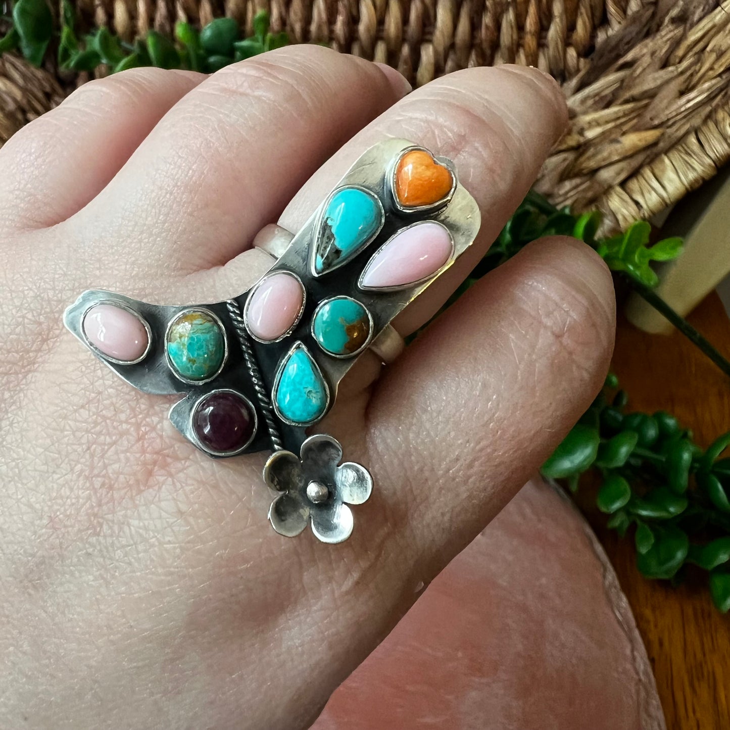 Sterling Silver | Multi Stone Statement Boot Ring | Size 10.5 Adjustable