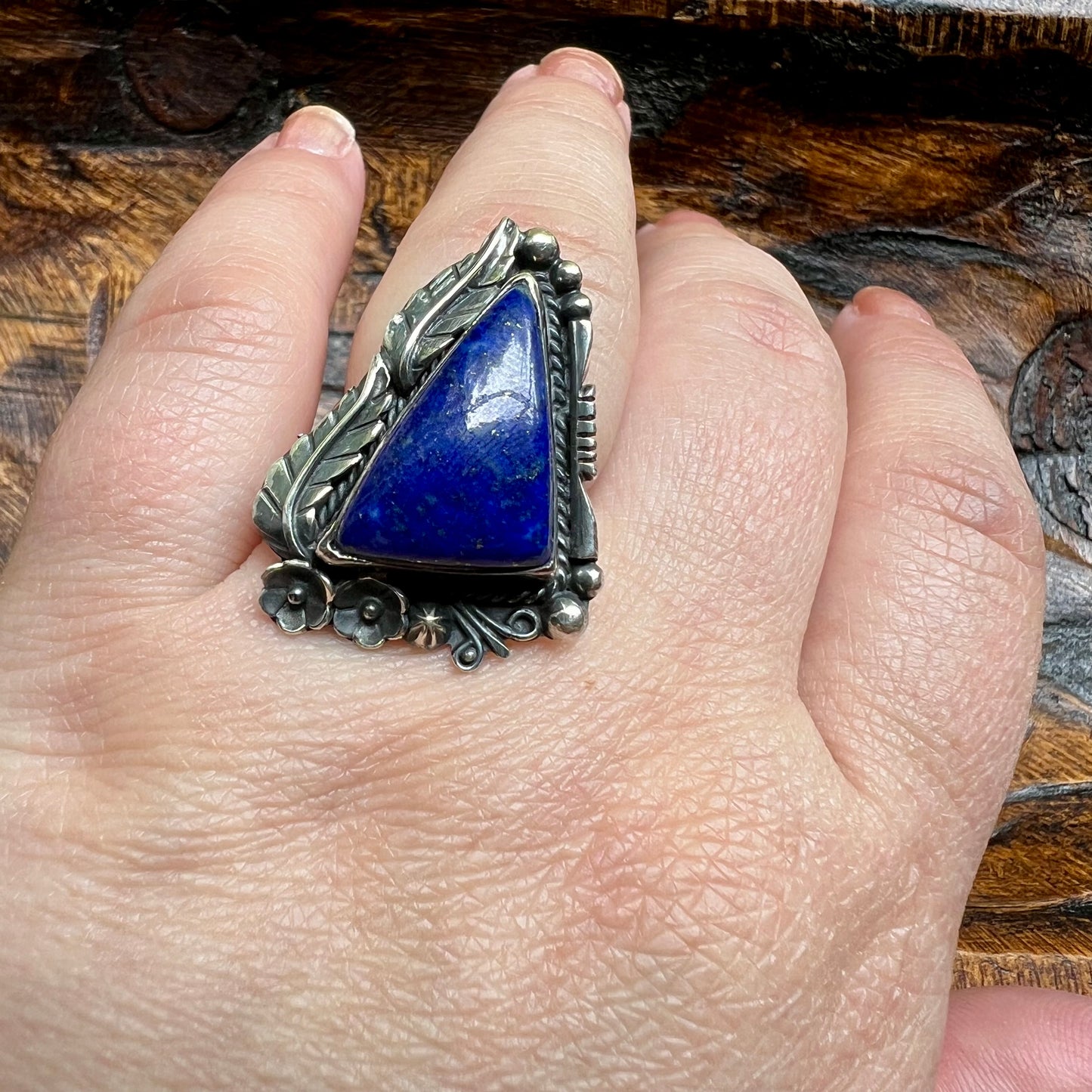 Lapis Lazuli Triangular Statement Ring in Sterling Silver Size 8.5