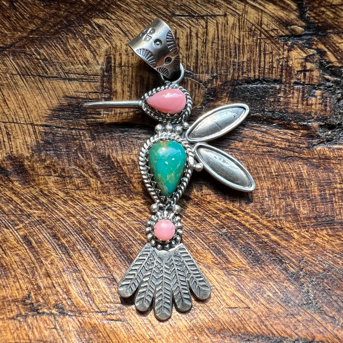 Sterling Silver Multi-Stone Hummingbird Pendant | Turquoise or Spiny Oyster