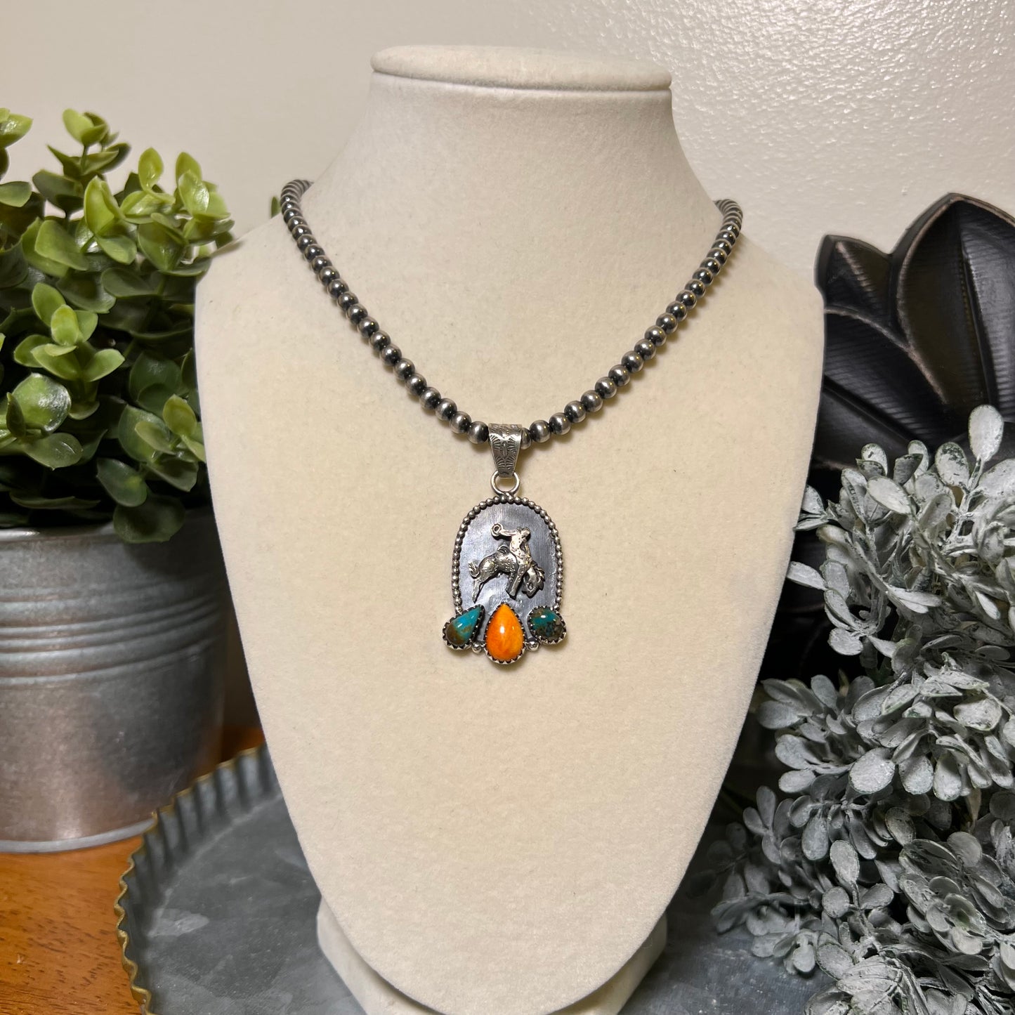 Sterling Silver Kingman Turquoise Spiny Oyster Bucking Bronco Pendant