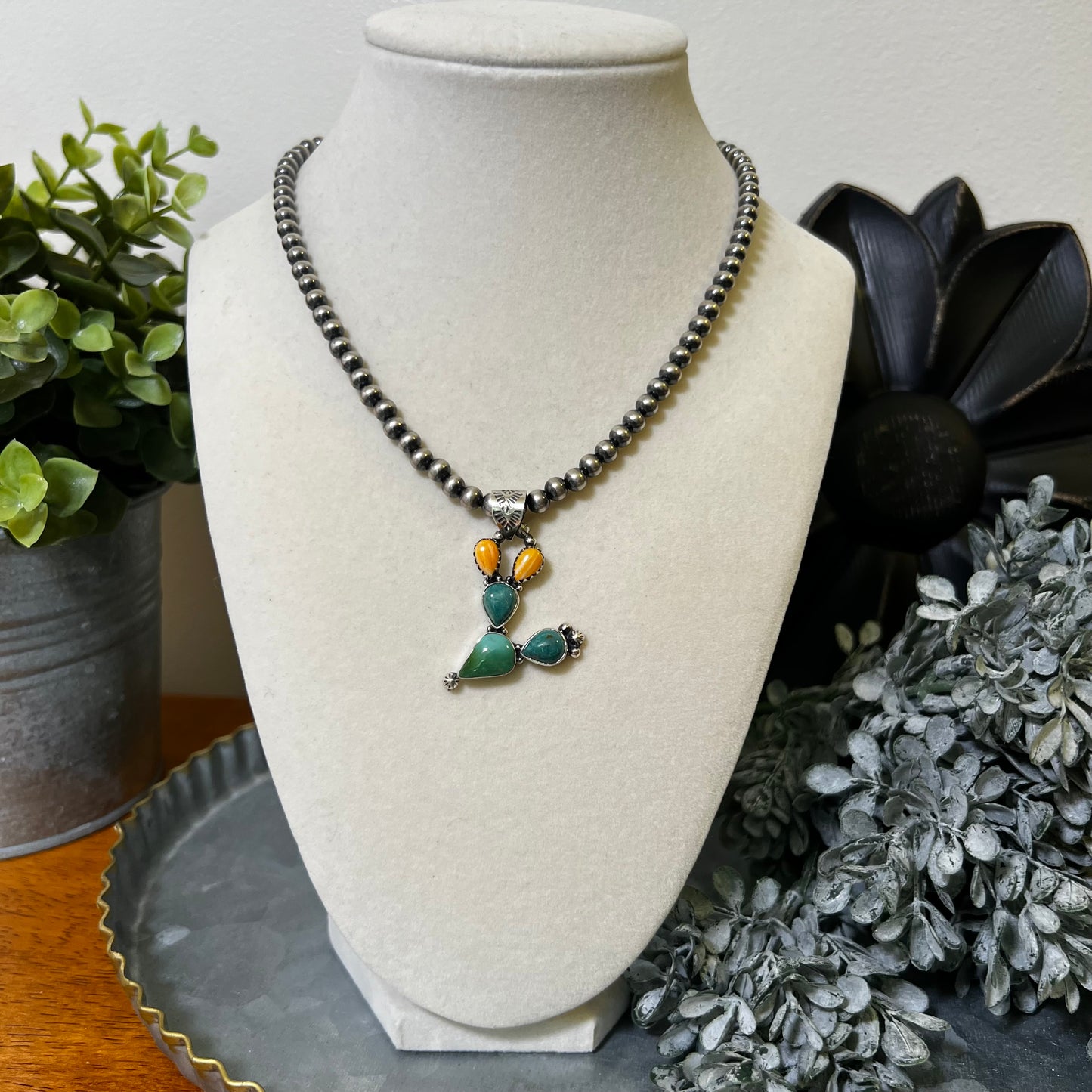 Kingman Turquoise & Spiny Oyster Cactus Pendant in Sterling Silver