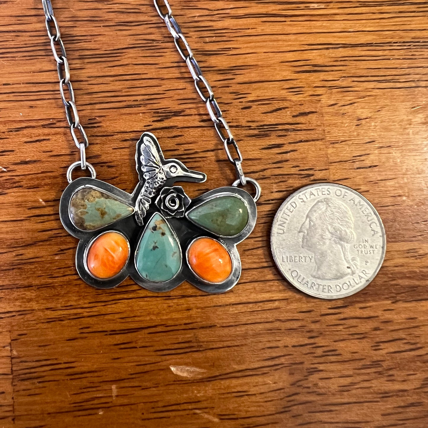 Sterling Silver Kingman Turquoise & Spiny Oyster Butterfly Hummingbird Necklace