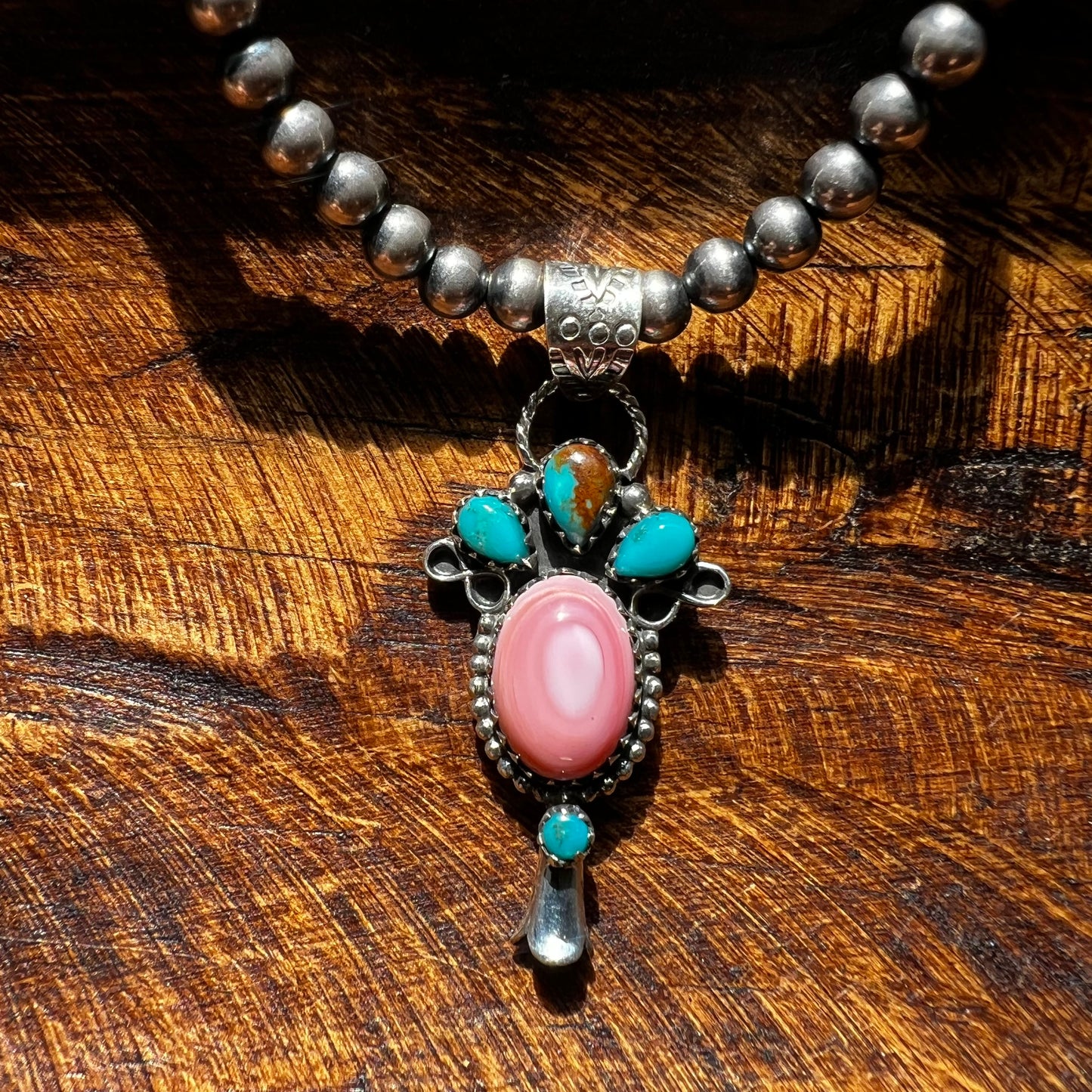 Pink Conch & Kingman Turquoise Squash Blossom Pendant – Sterling Silver