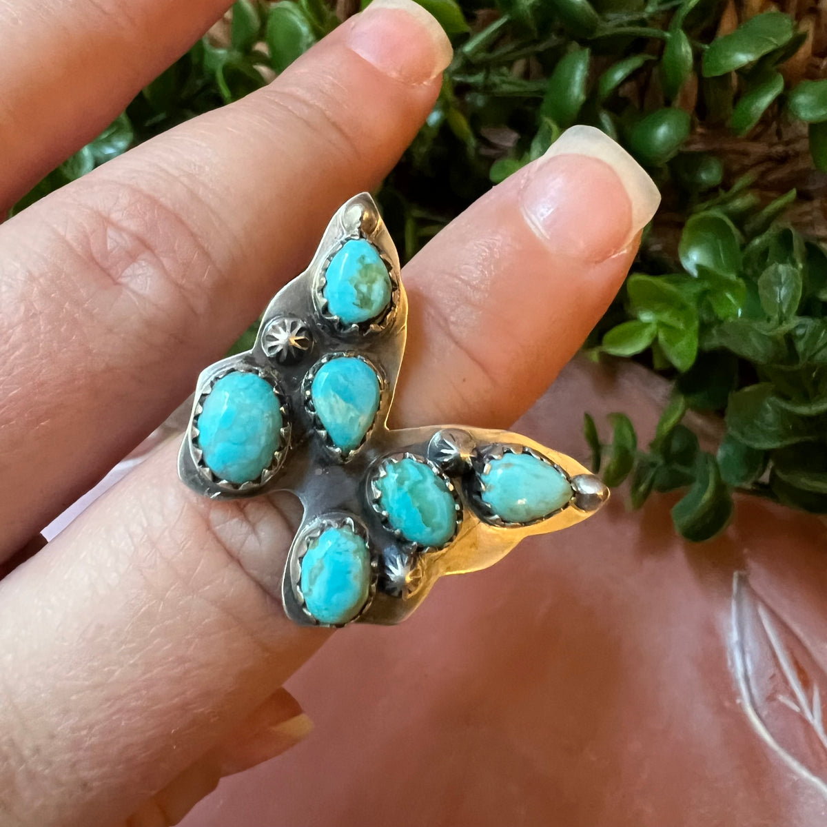 Sterling Silver Sonoran Gold Turquoise Butterfly Cluster Ring Size 6.5