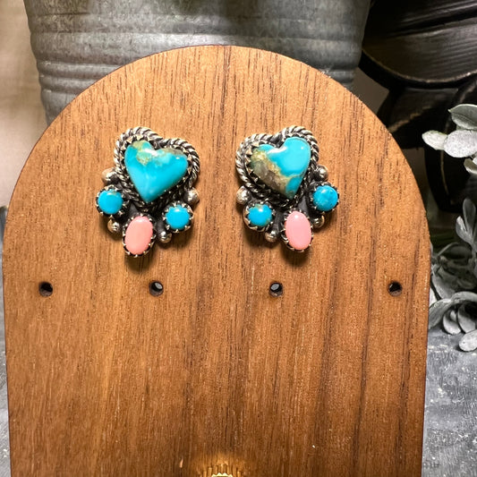 Sterling Silver Turquoise Queen Conch Heart Cluster Stud Earrings
