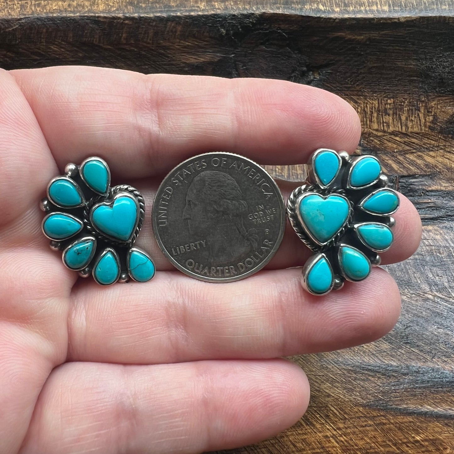 Kingman Turquoise Heart Half Cluster Stud Earrings Sterling Silver