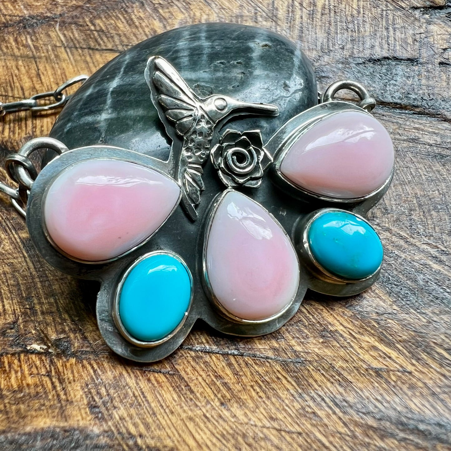 Pink Conch, Turquoise & Sterling Silver Hummingbird Necklace