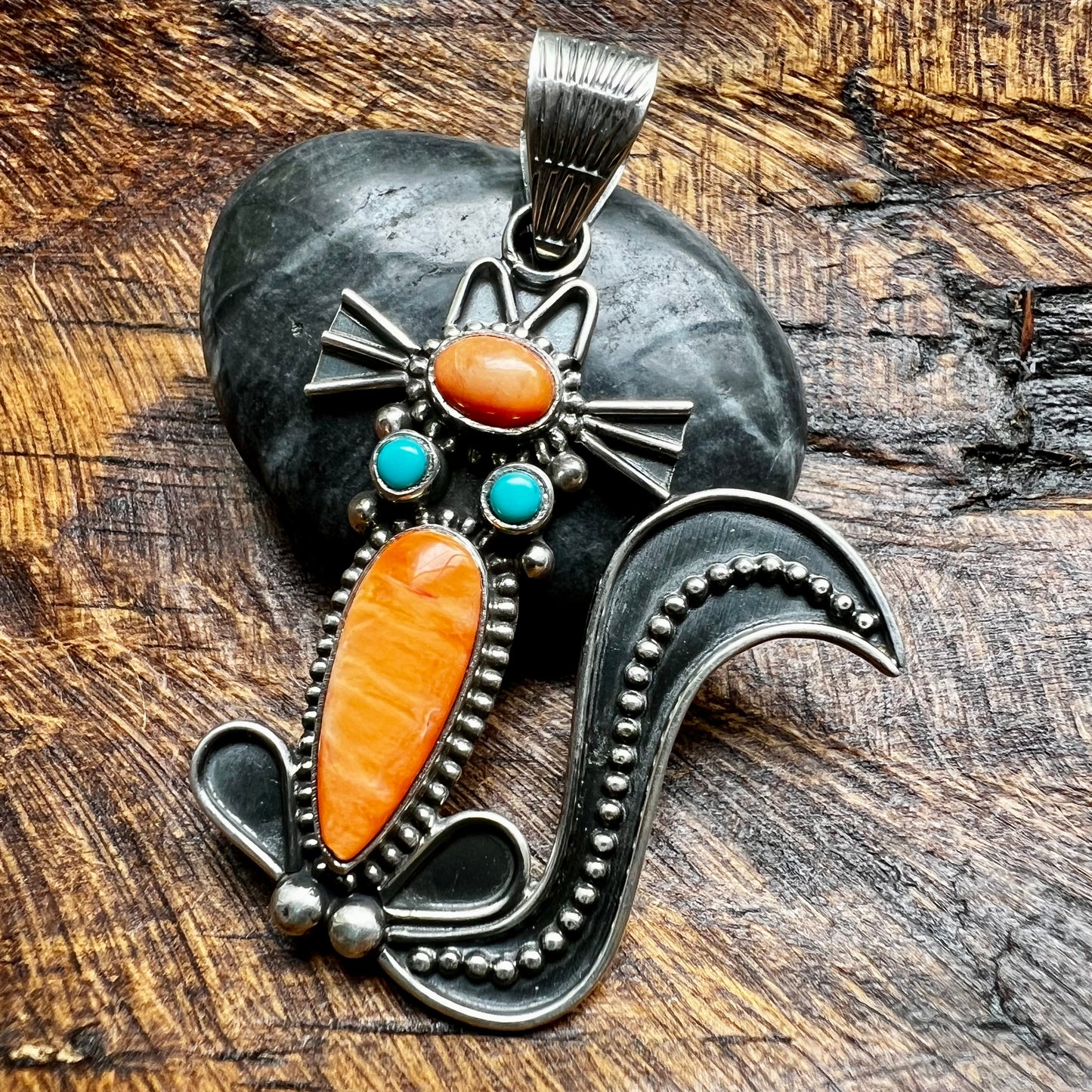 Handcrafted Sterling Silver Spiny Oyster & Kingman Turquoise Cat Pendant