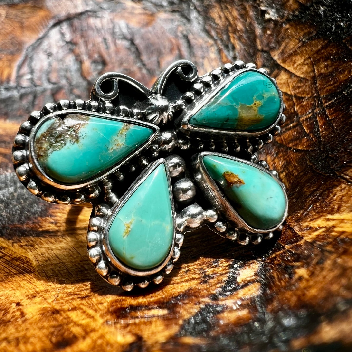 Kingman Turquoise Butterfly Sterling Silver Ring – Size 9