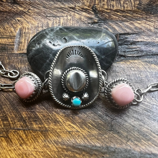 925 Sterling Silver Queen Conch & Kingman Turquoise Cowboy Hat Bracelet