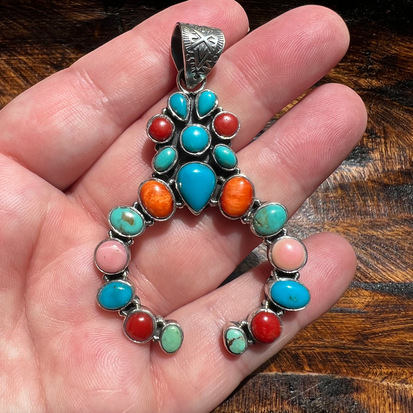 Multi Stone Naja Pendant – Kingman Turquoise, Coral & Conch – Sterling Silver
