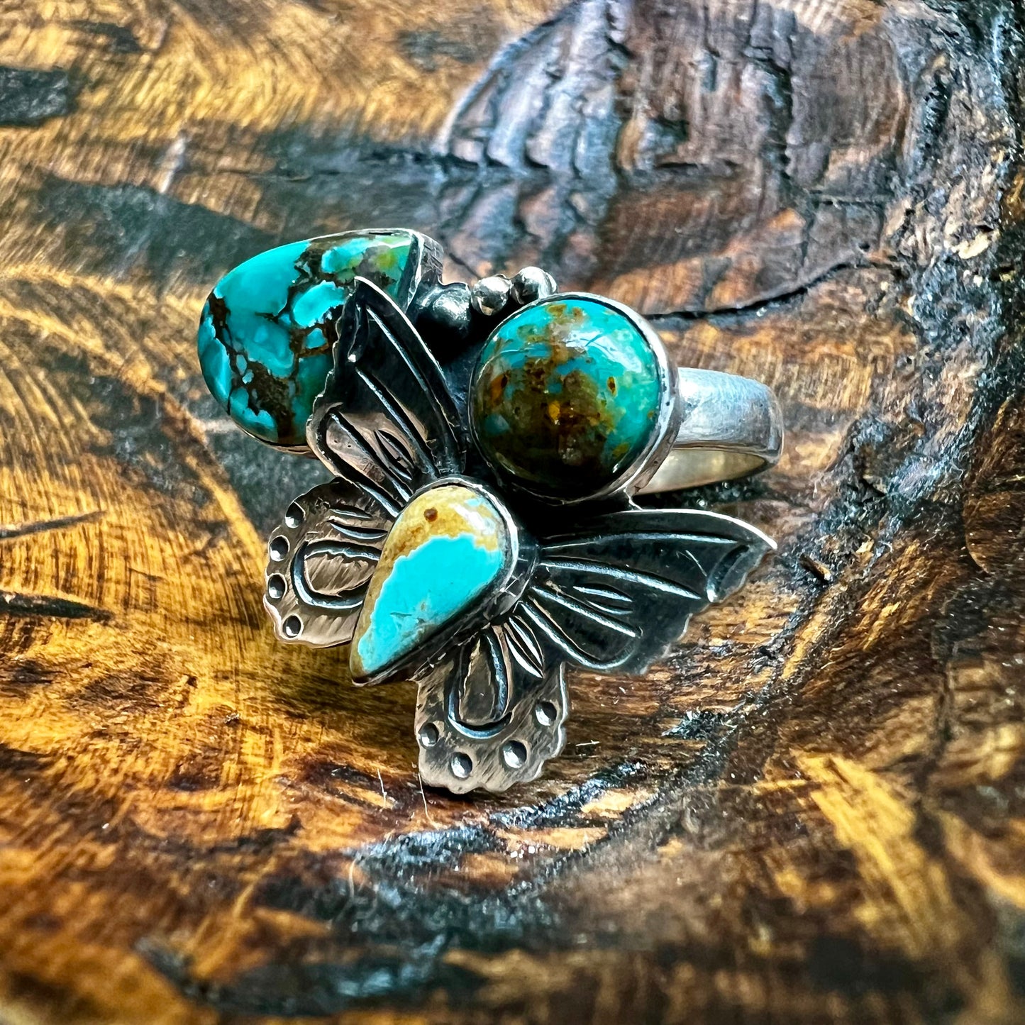 Kingman Turquoise Butterfly Ring | Handmade Sterling Silver Statement Ring Size 9