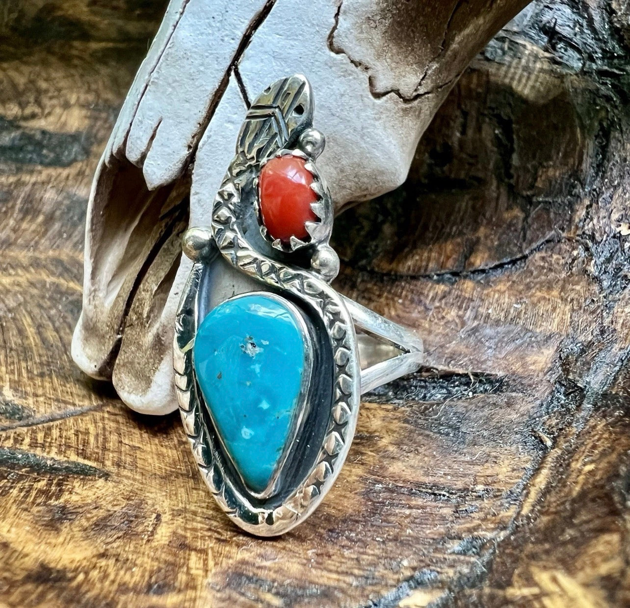 Kingman Turquoise & Italian Red Coral Snake Ring