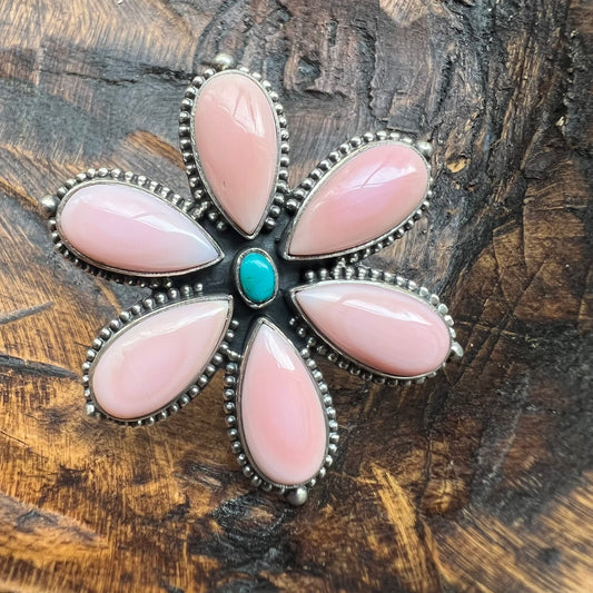 Queen Conch & Kingman Turquoise Flower Ring – Sterling Silver Statement | Size 8.5