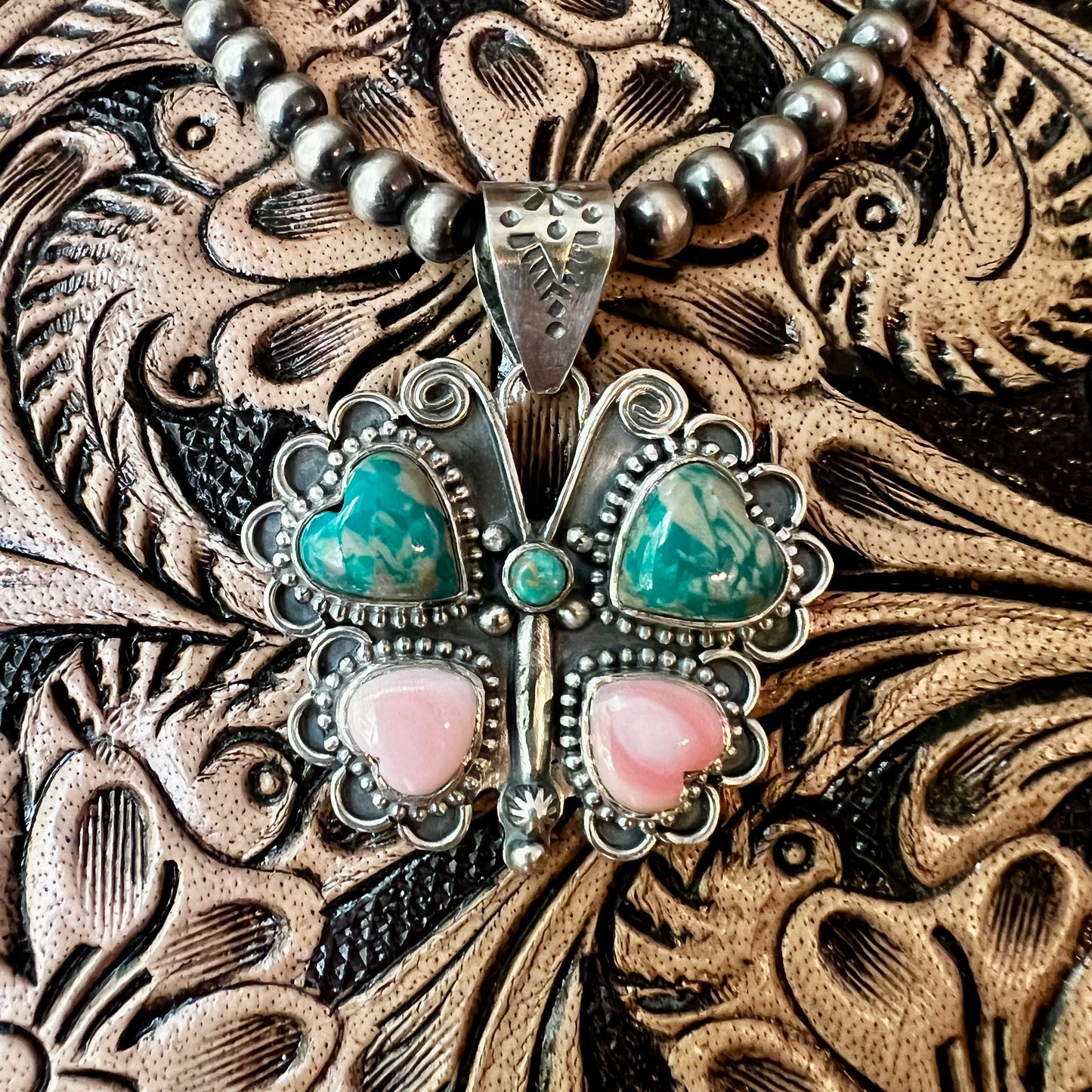 Ribbon Turquoise & Queen Conch Butterfly Pendant | Sterling Silver Handmade Southwest Jewelry