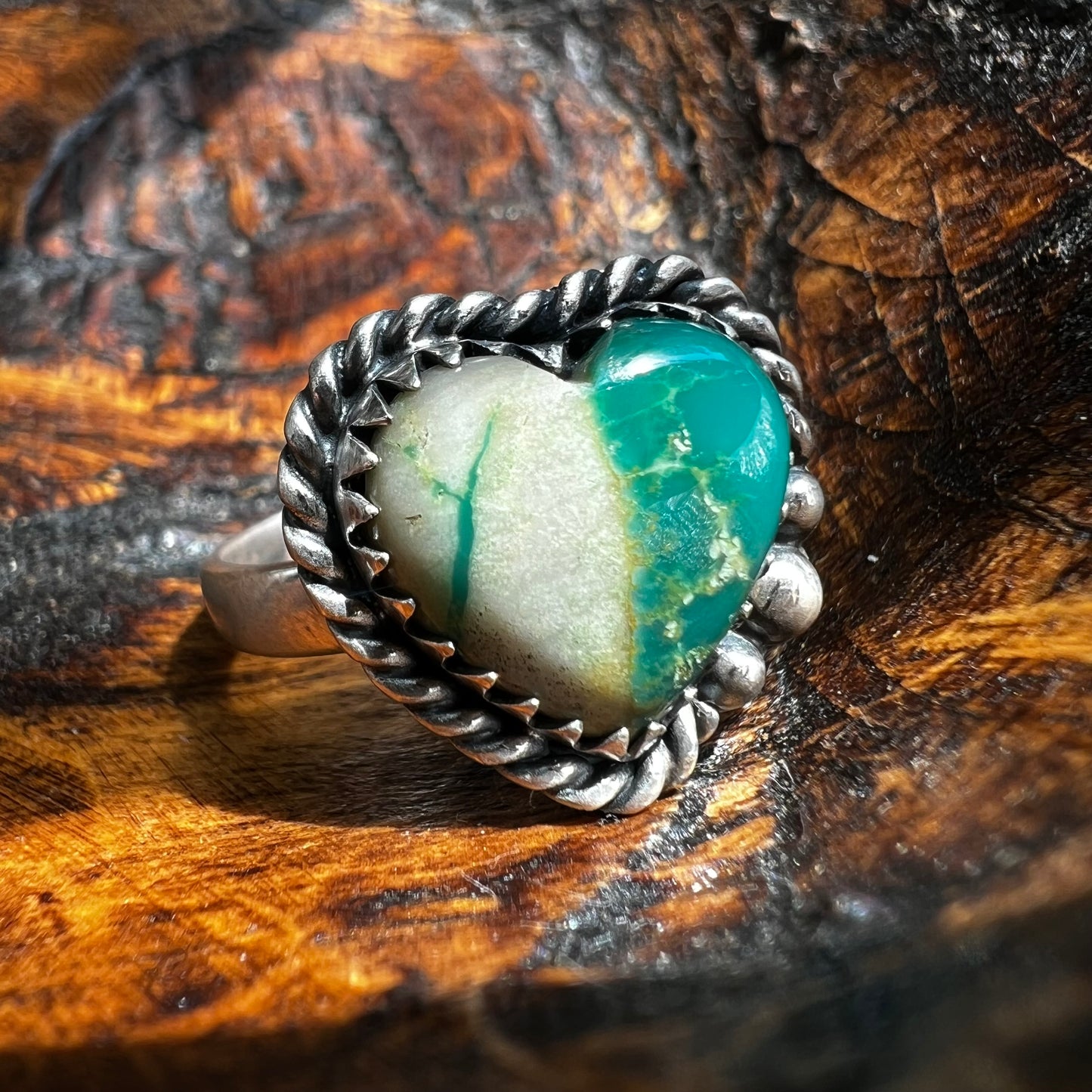Sterling Silver Ribbon Turquoise Heart Ring Size 10 Adjustable