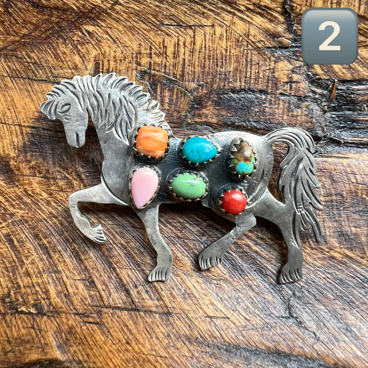 Sterling Silver Multi-Stone Horse Pendant – Kingman Turquoise, Queen Conch, Spiny Oyster & Italian Red Coral