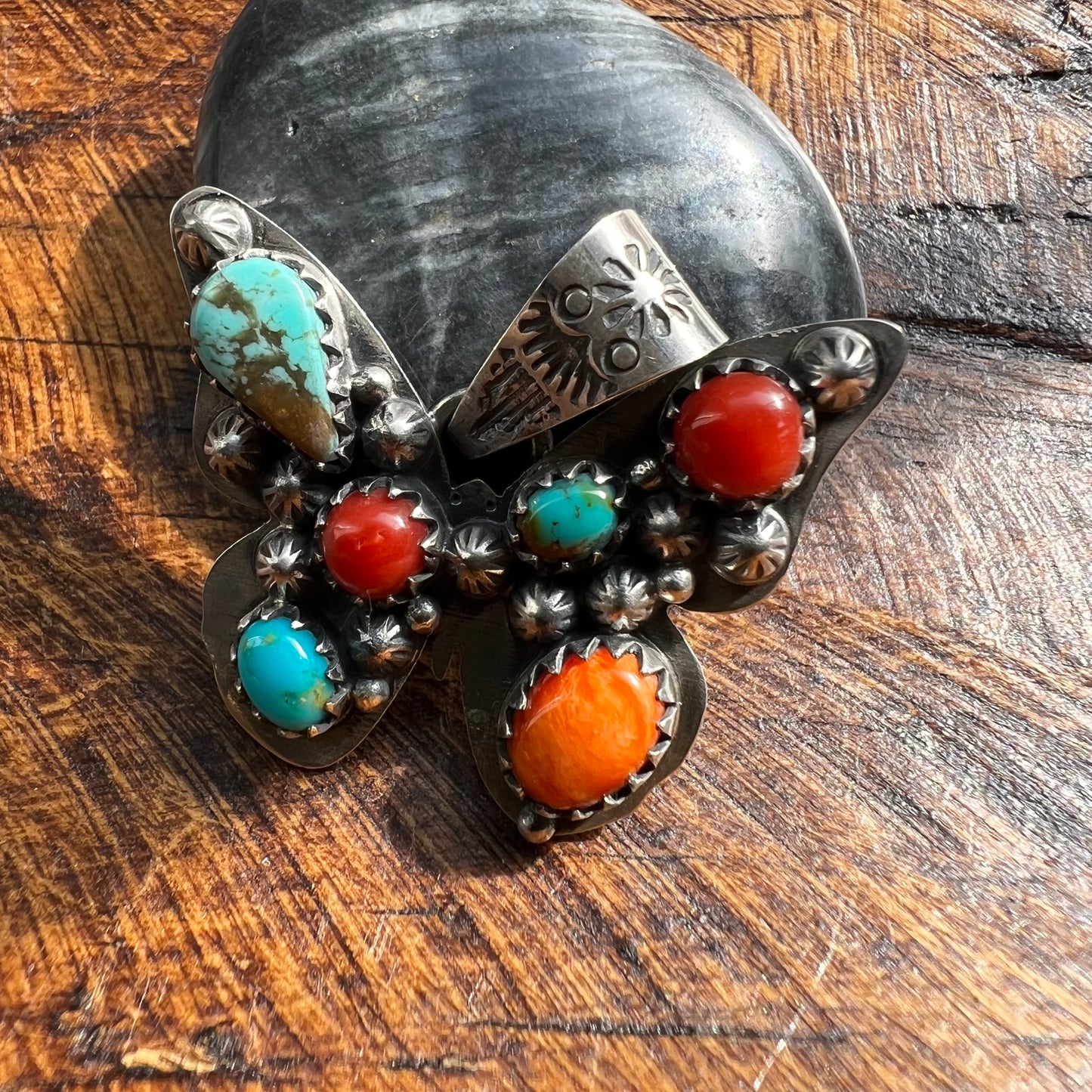 Sterling Silver Multi-Stone Butterfly Pendant – Kingman Turquoise, Italian Red Coral & Spiny Oyster