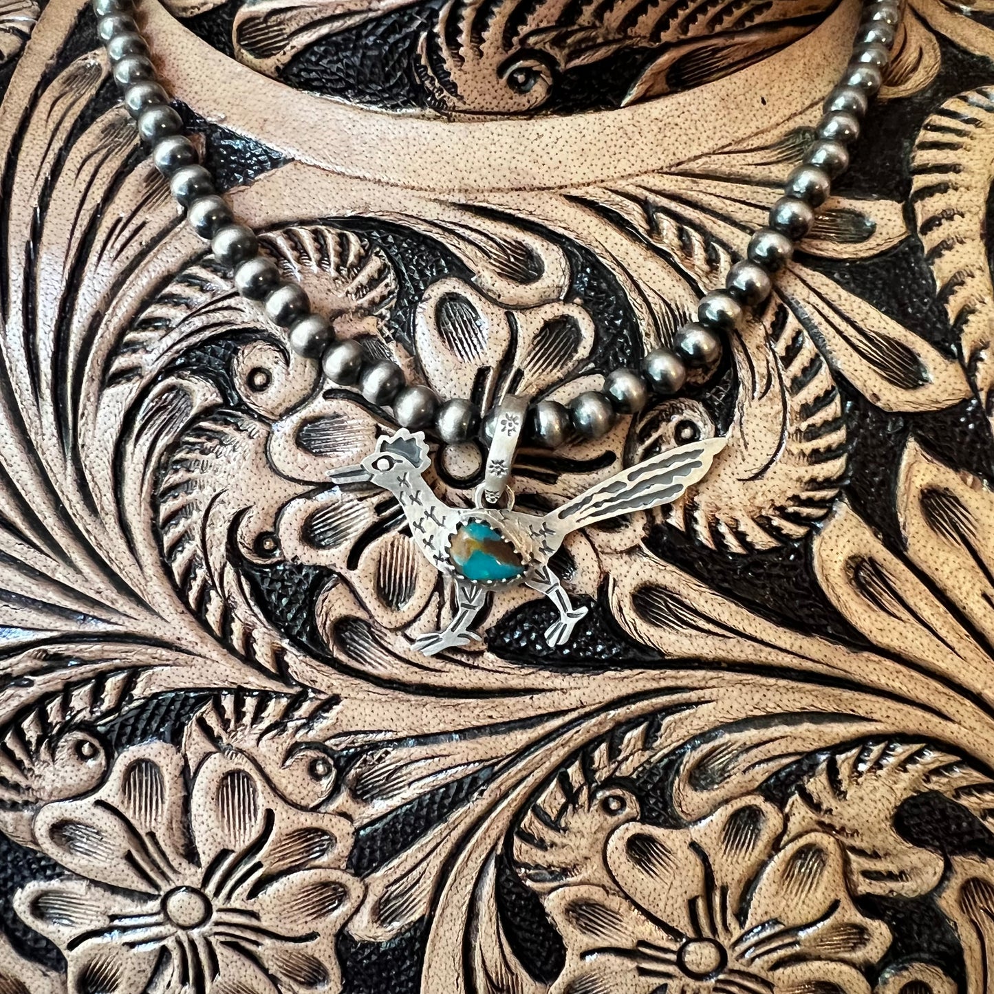 Southwestern Sterling Silver Roadrunner Turquoise Pendant