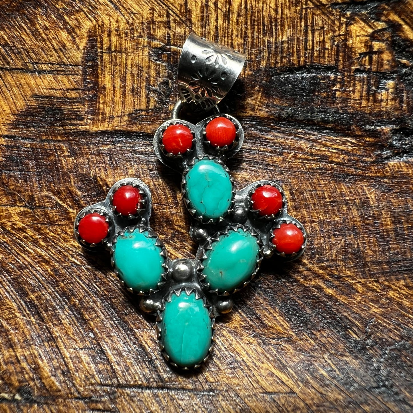 Kingman Turquoise & Coral Cactus Sterling Silver Pendant