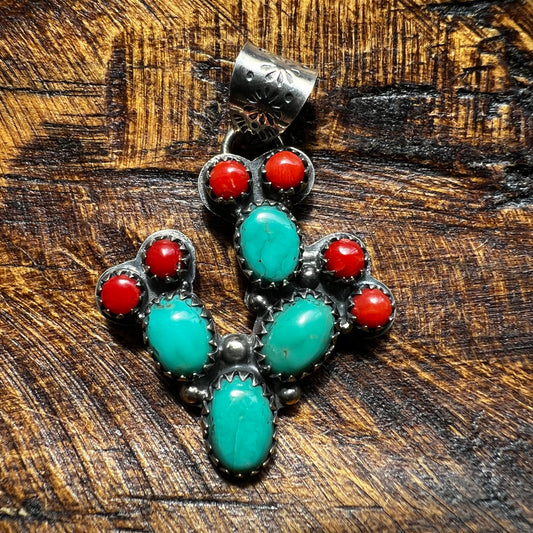 Kingman Turquoise & Coral Cactus Sterling Silver Pendant