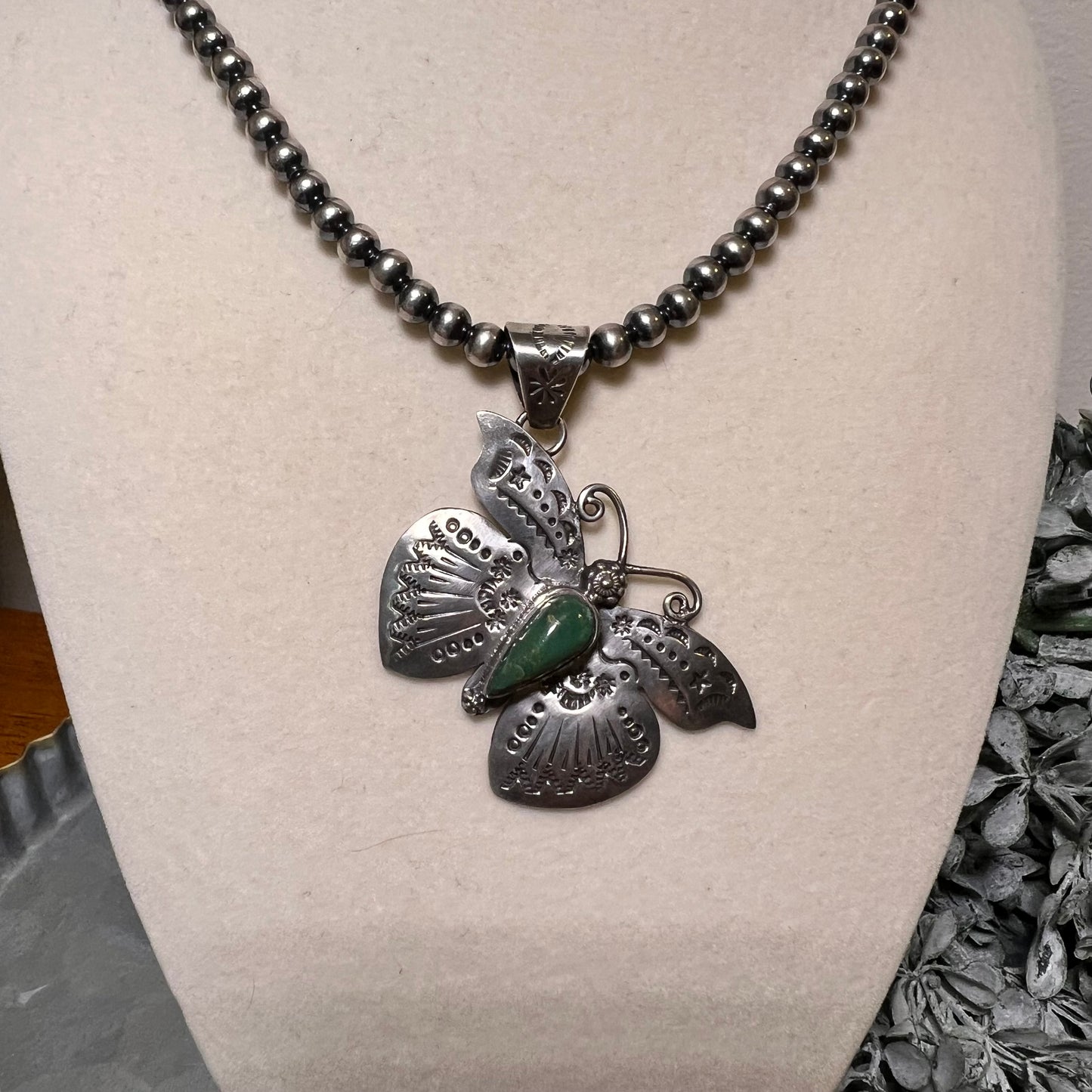 Kingman Turquoise Butterfly–Moth Pendant in Sterling Silver