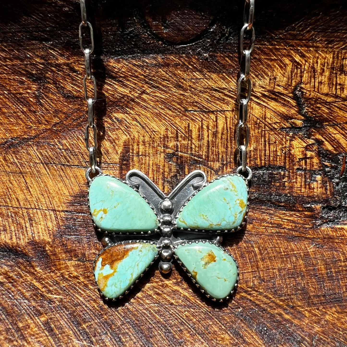 Kingman Turquoise Butterfly Necklace – Sterling Silver Paperclip Chain