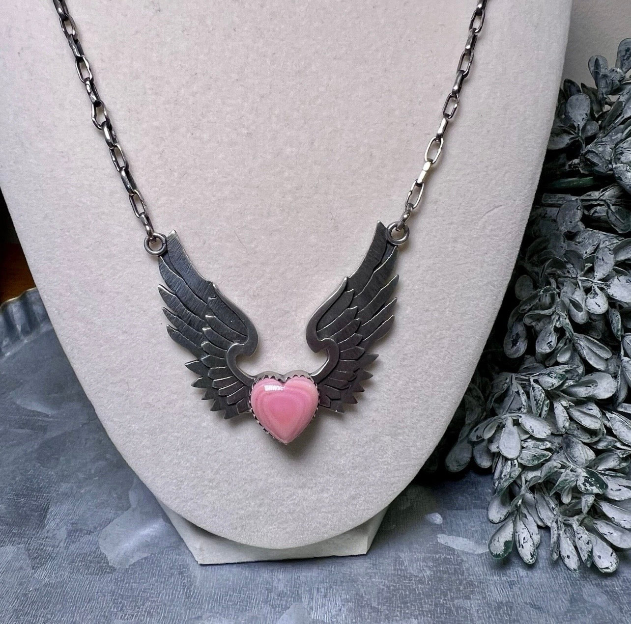 Sterling Silver Queen Conch Heart & Wings Necklace – Handcrafted Southwestern Statement