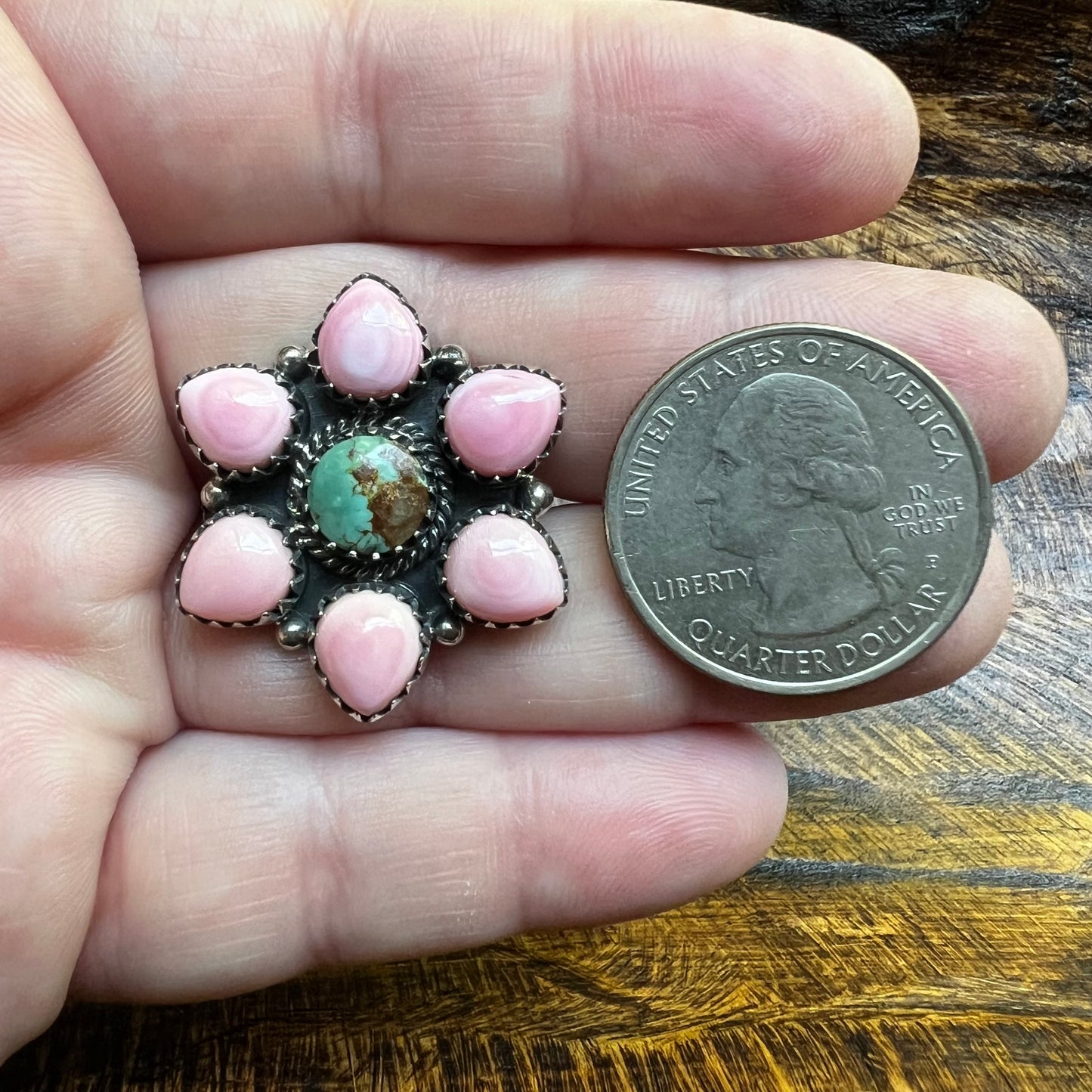Queen Conch & Kingman Turquoise Flower Cluster Ring – Size 9.5
