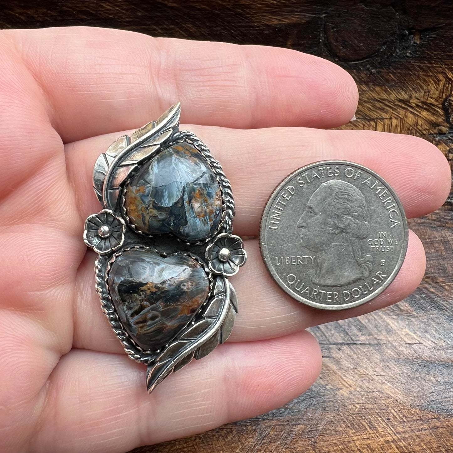 Sterling Silver Pietersite Double Heart Statement Ring – Feather & Floral Design, Size 10