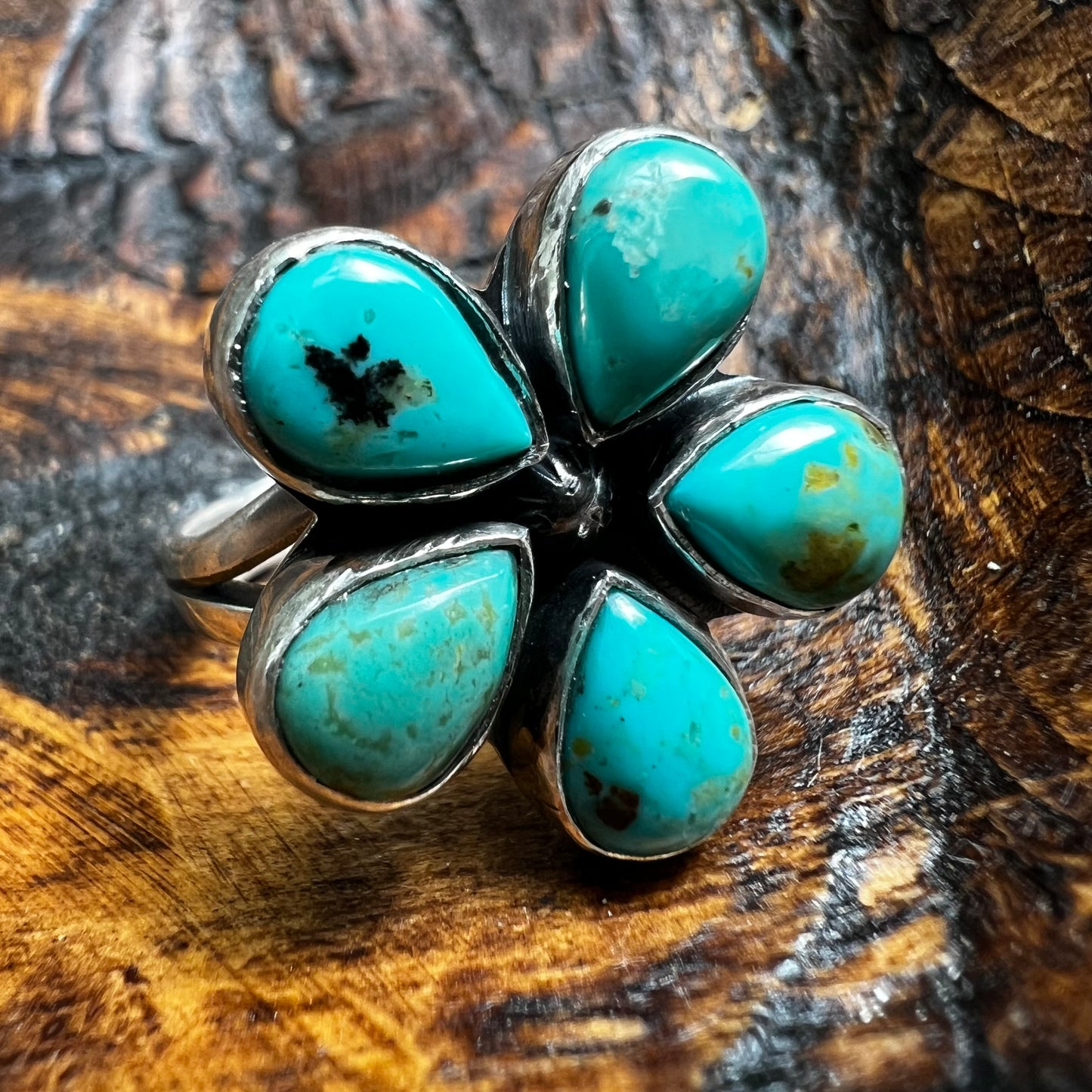 Sterling Silver & Kingman Turquoise Flower Ring | Size 9